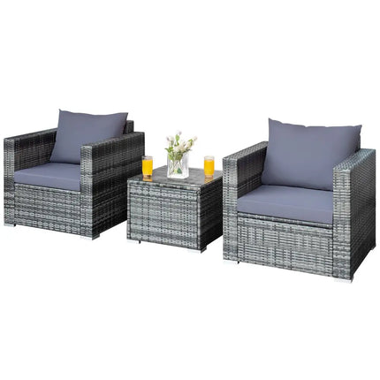 3 Pieces Patio Rattan Furniture Bistro Sofa Set with Cushioned-Gray - Gray - Patio Conversation Sets