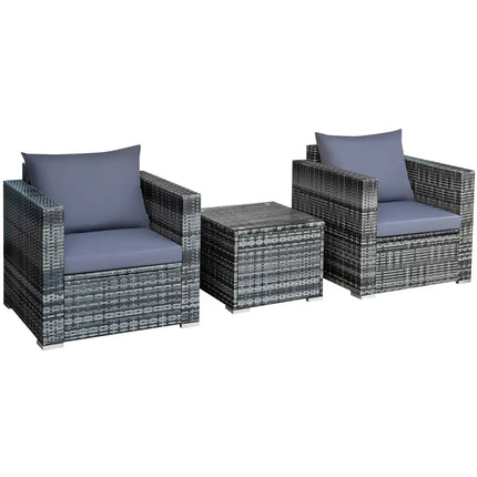 3 Pieces Patio Rattan Furniture Bistro Sofa Set with Cushioned-Gray - Gray - Patio Conversation Sets
