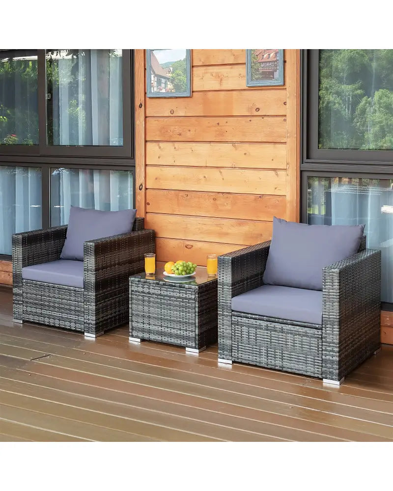 3 Pieces Patio Rattan Furniture Bistro Sofa Set with Cushioned-Gray - Gray - Patio Conversation Sets