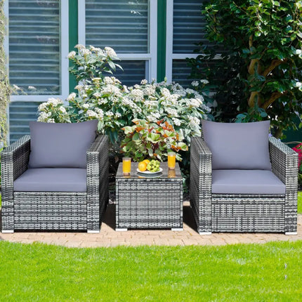 3 Pieces Patio Rattan Furniture Bistro Sofa Set with Cushioned-Gray - Gray - Patio Conversation Sets