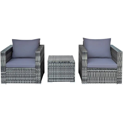 3 Pieces Patio Rattan Furniture Bistro Sofa Set with Cushioned-Gray - Gray - Patio Conversation Sets