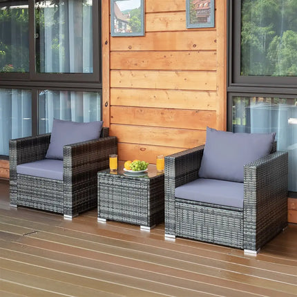 3 Pieces Patio Rattan Furniture Bistro Sofa Set with Cushioned-Gray - Gray - Patio Conversation Sets