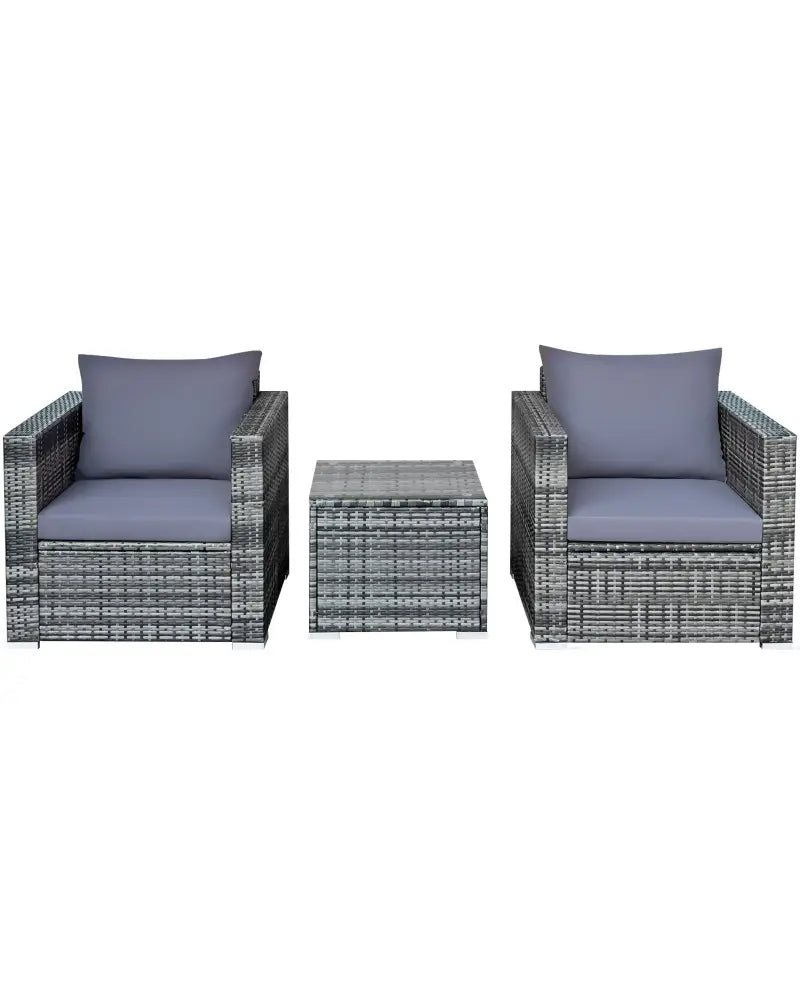 3 Pieces Patio Rattan Furniture Bistro Sofa Set with Cushioned-Gray - Gray - Patio Conversation Sets