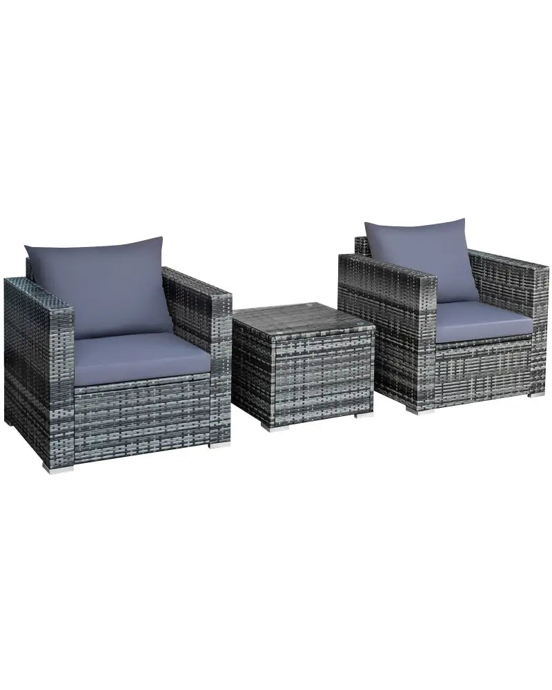 3 Pieces Patio Rattan Furniture Bistro Sofa Set with Cushioned-Gray - Gray - Patio Conversation Sets