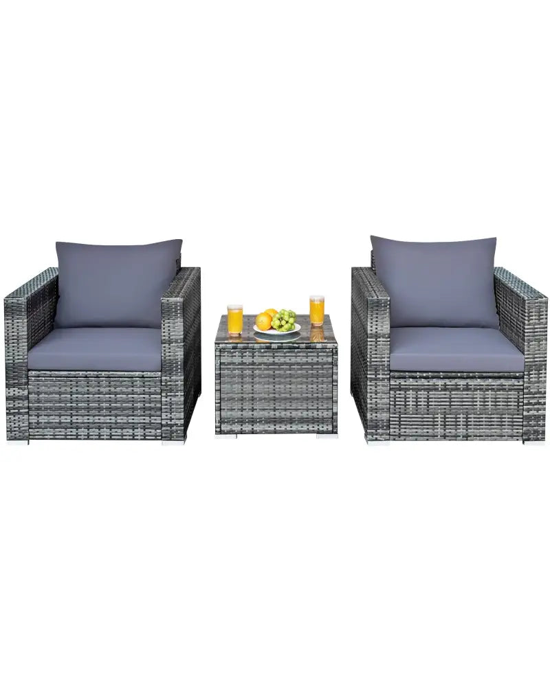 3 Pieces Patio Rattan Furniture Bistro Sofa Set with Cushioned-Gray - Gray - Patio Conversation Sets