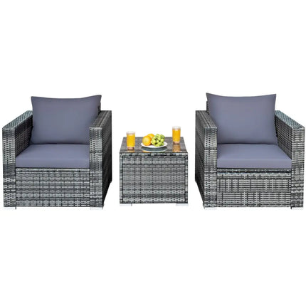 3 Pieces Patio Rattan Furniture Bistro Sofa Set with Cushioned-Gray - Gray - Patio Conversation Sets