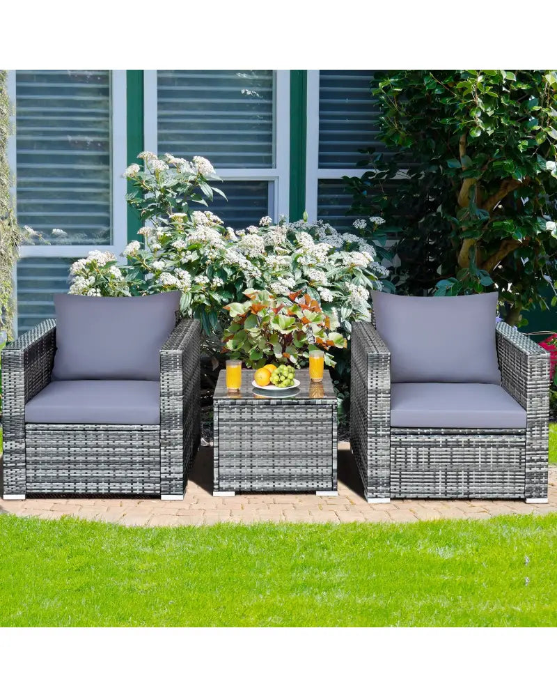3 Pieces Patio Rattan Furniture Bistro Sofa Set with Cushioned-Gray - Gray - Patio Conversation Sets