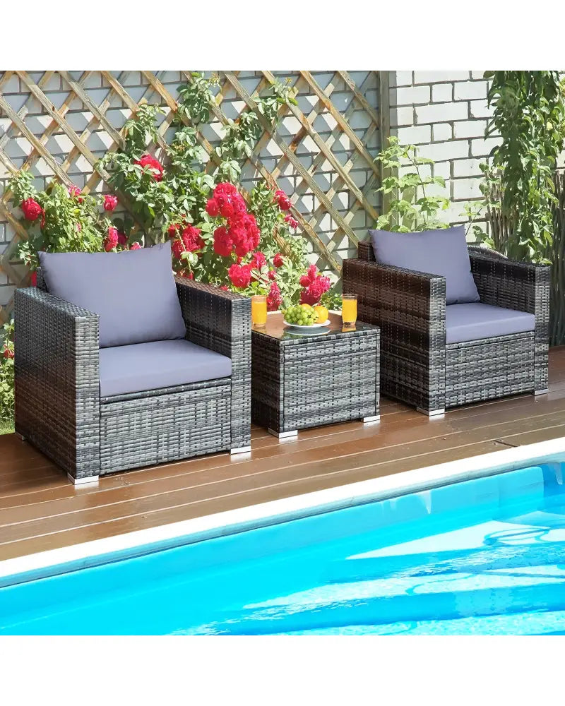 3 Pieces Patio Rattan Furniture Bistro Sofa Set with Cushioned-Gray - Gray - Patio Conversation Sets