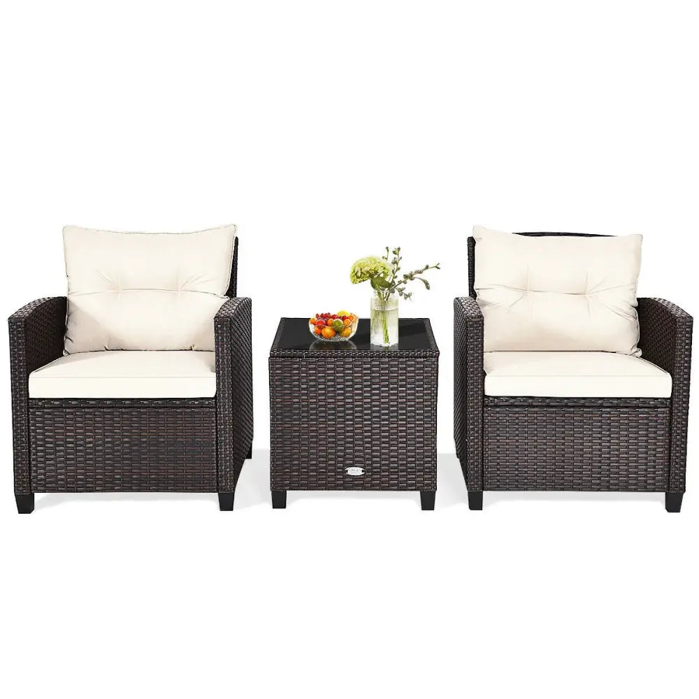 3 Pieces Patio Rattan Furniture Set Cushioned Conversation Set Coffee Table-White - White - Patio Conversation Sets