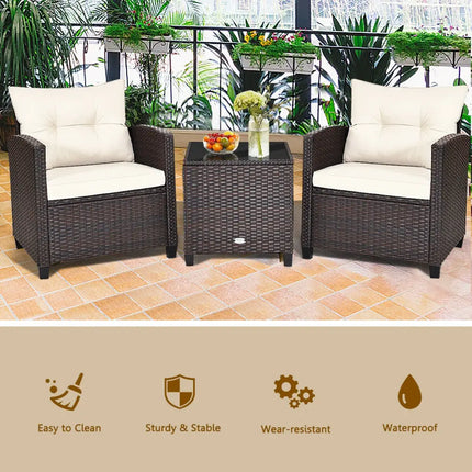3 Pieces Patio Rattan Furniture Set Cushioned Conversation Set Coffee Table-White - White - Patio Conversation Sets