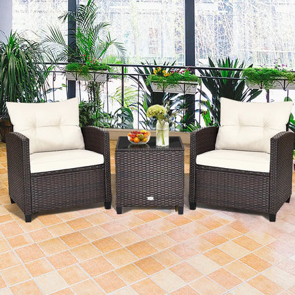 3 Pieces Patio Rattan Furniture Set Cushioned Conversation Set Coffee Table-White - White - Patio Conversation Sets