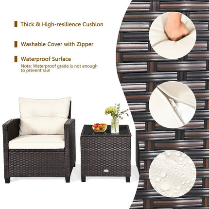 3 Pieces Patio Rattan Furniture Set Cushioned Conversation Set Coffee Table-White - White - Patio Conversation Sets