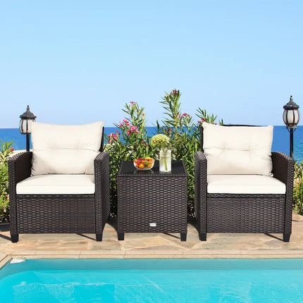 3 Pieces Patio Rattan Furniture Set Cushioned Conversation Set Coffee Table-White - White - Patio Conversation Sets