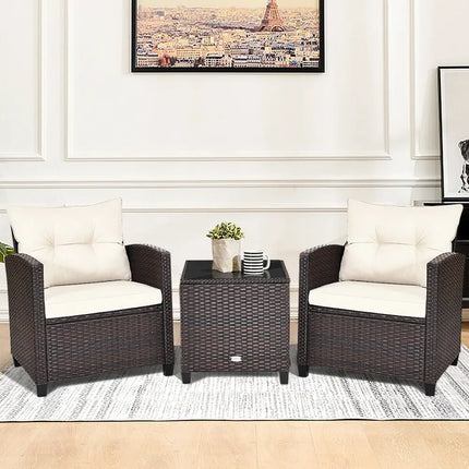 3 Pieces Patio Rattan Furniture Set Cushioned Conversation Set Coffee Table-White - White - Patio Conversation Sets