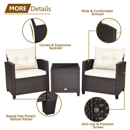 3 Pieces Patio Rattan Furniture Set Cushioned Conversation Set Coffee Table-White - White - Patio Conversation Sets