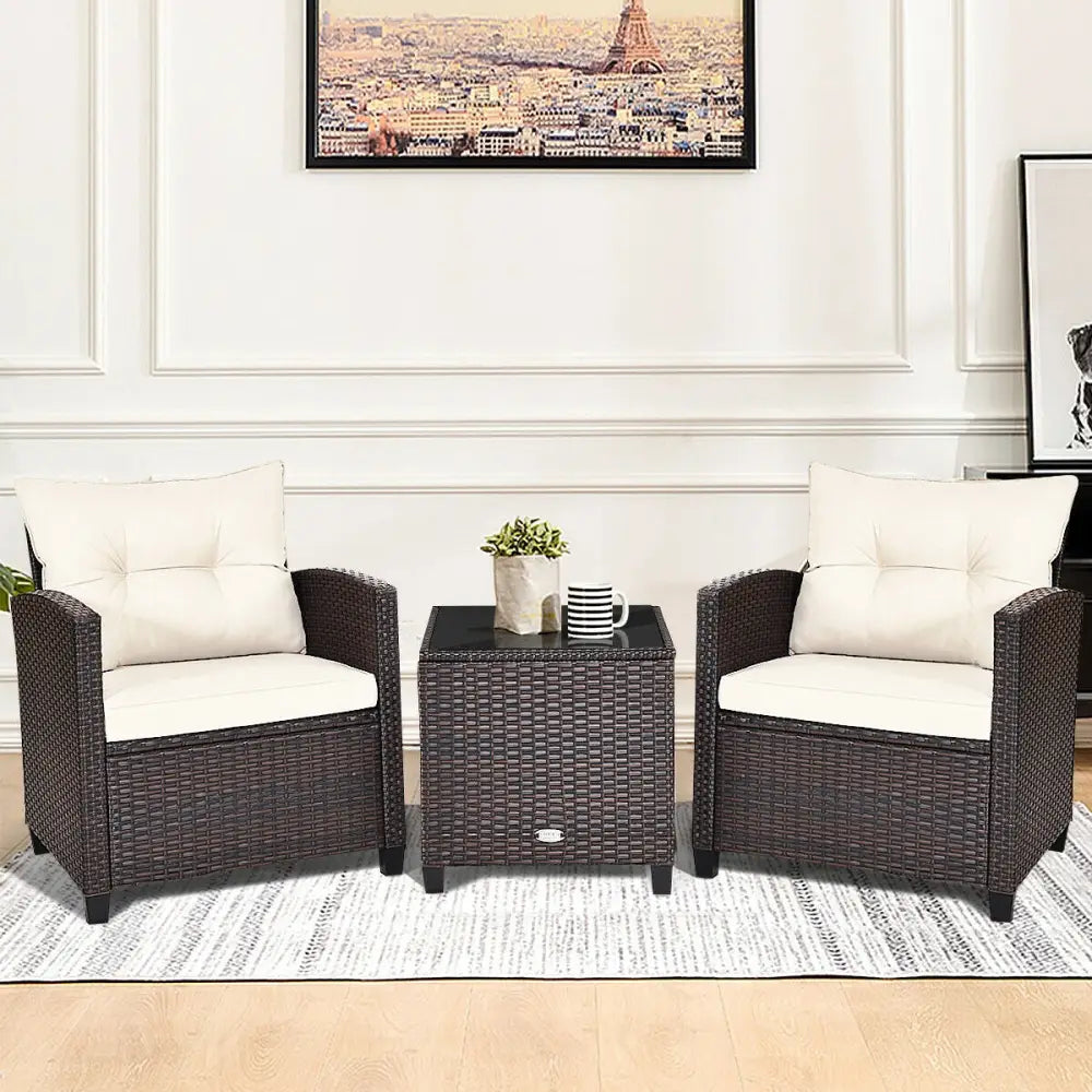 3 Pieces Patio Rattan Furniture Set Cushioned Conversation Set Coffee Table-White - White - Patio Conversation Sets