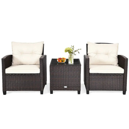 3 Pieces Patio Rattan Furniture Set Cushioned Conversation Set Coffee Table-White - White - Patio Conversation Sets