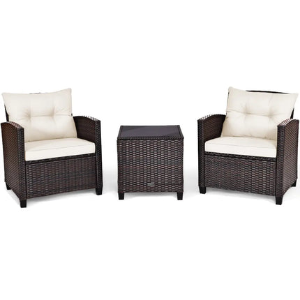 3 Pieces Patio Rattan Furniture Set Cushioned Conversation Set Coffee Table-White - White - Patio Conversation Sets