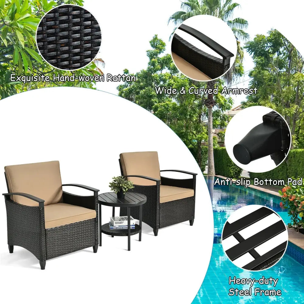 3 Pieces Patio Rattan Furniture Set Cushioned Sofa Storage Table with Shelf Garden - Brown - Patio Conversation Sets