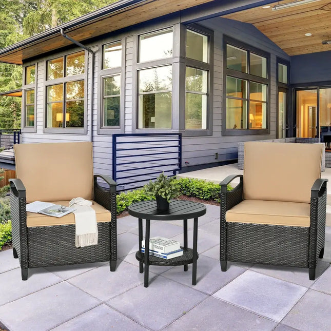 3 Pieces Patio Rattan Furniture Set Cushioned Sofa Storage Table with Shelf Garden - Brown - Patio Conversation Sets