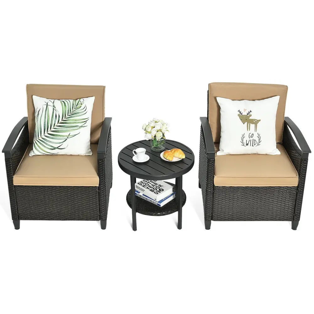 3 Pieces Patio Rattan Furniture Set Cushioned Sofa Storage Table with Shelf Garden - Brown - Patio Conversation Sets