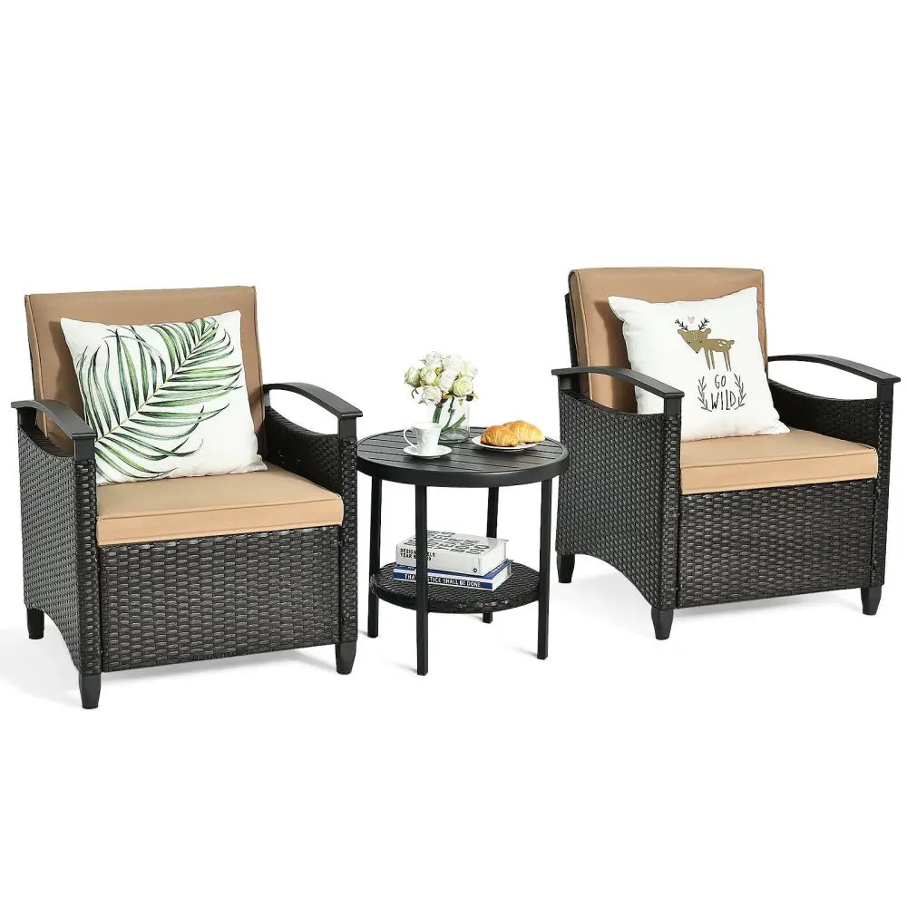 3 Pieces Patio Rattan Furniture Set Cushioned Sofa Storage Table with Shelf Garden - Brown - Patio Conversation Sets