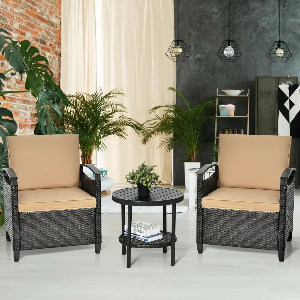 3 Pieces Patio Rattan Furniture Set Cushioned Sofa Storage Table with Shelf Garden - Brown - Patio Conversation Sets