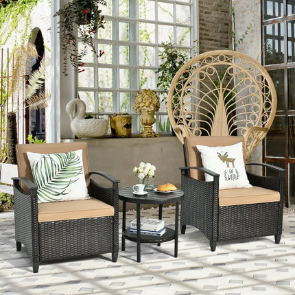 3 Pieces Patio Rattan Furniture Set Cushioned Sofa Storage Table with Shelf Garden - Brown - Patio Conversation Sets
