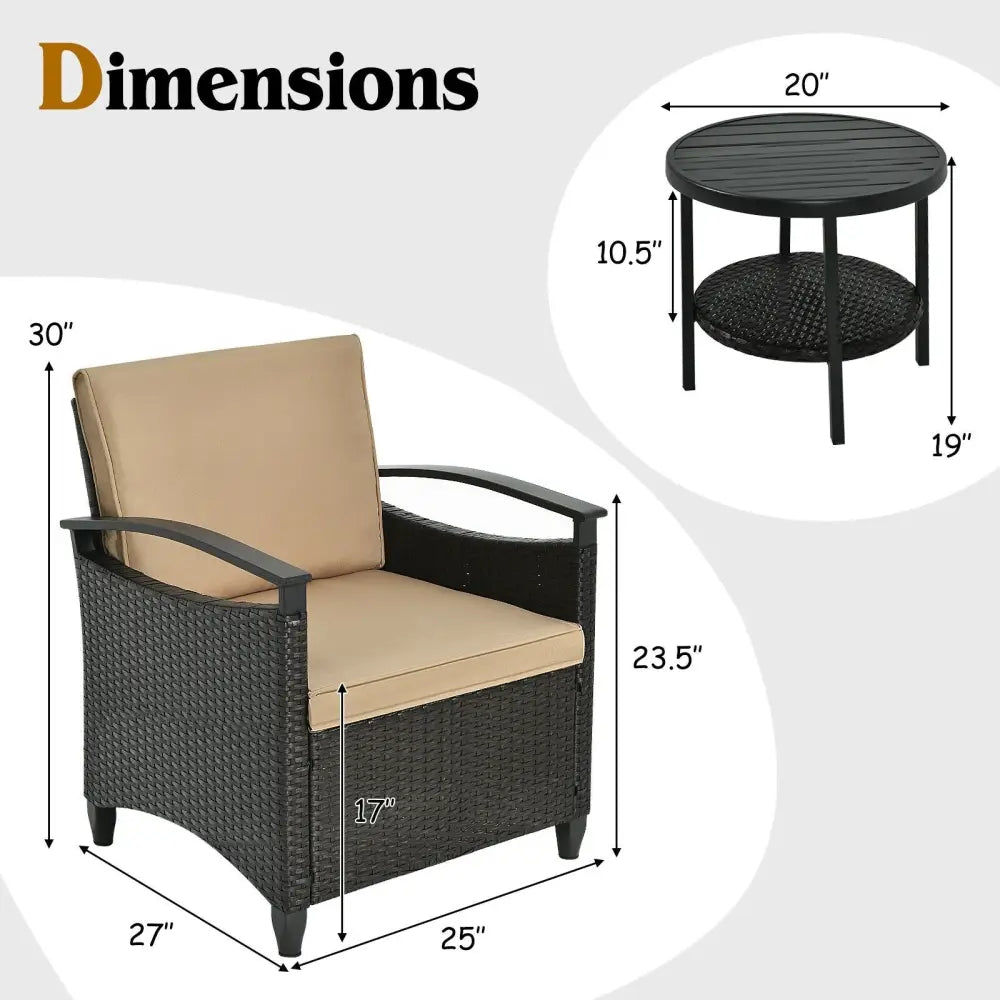 3 Pieces Patio Rattan Furniture Set Cushioned Sofa Storage Table with Shelf Garden - Brown - Patio Conversation Sets
