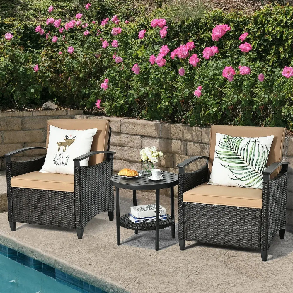 3 Pieces Patio Rattan Furniture Set Cushioned Sofa Storage Table with Shelf Garden - Brown - Patio Conversation Sets