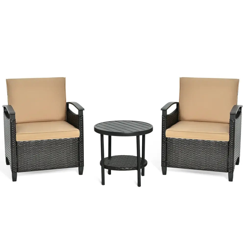3 Pieces Patio Rattan Furniture Set Cushioned Sofa Storage Table with Shelf Garden - Brown - Patio Conversation Sets