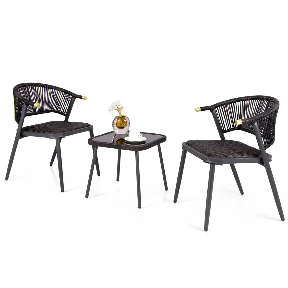 3 Pieces Patio Rattan Furniture Set for Backyard Poolside-Brown and Black - Brown - Patio Conversation Sets