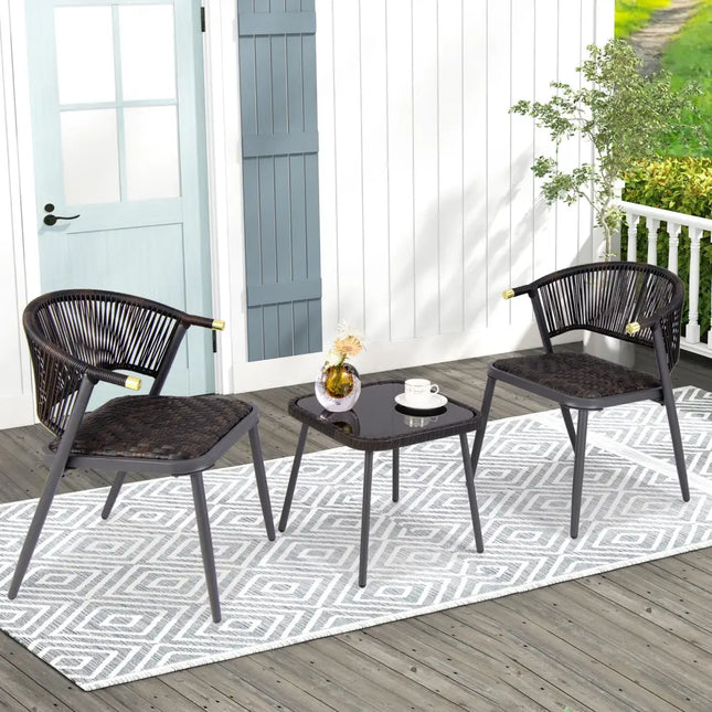 3 Pieces Patio Rattan Furniture Set for Backyard Poolside-Brown and Black - Brown - Patio Conversation Sets