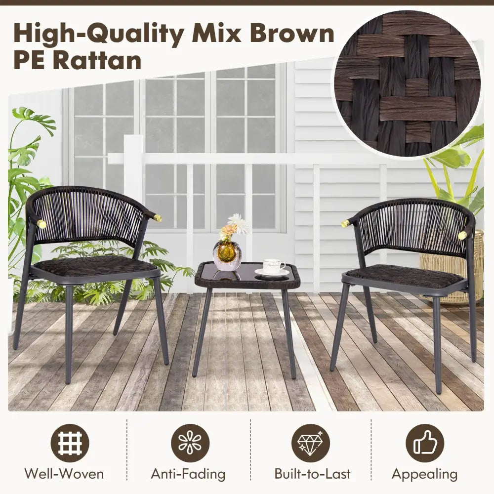 3 Pieces Patio Rattan Furniture Set for Backyard Poolside-Brown and Black - Brown - Patio Conversation Sets