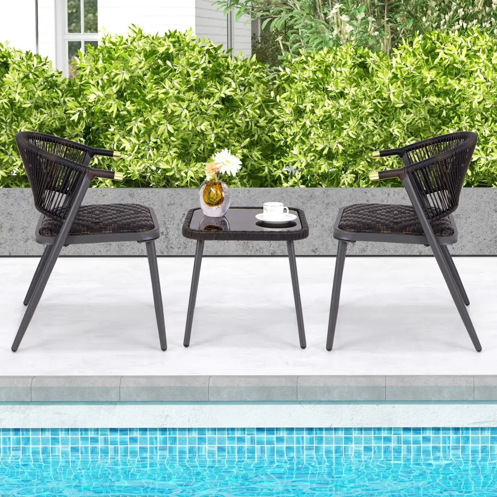3 Pieces Patio Rattan Furniture Set for Backyard Poolside-Brown and Black - Brown - Patio Conversation Sets
