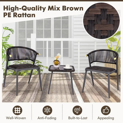 3 Pieces Patio Rattan Furniture Set for Backyard Poolside-Brown and Black - Brown - Patio Conversation Sets