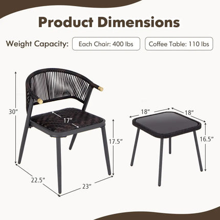 3 Pieces Patio Rattan Furniture Set for Backyard Poolside-Brown and Black - Brown - Patio Conversation Sets