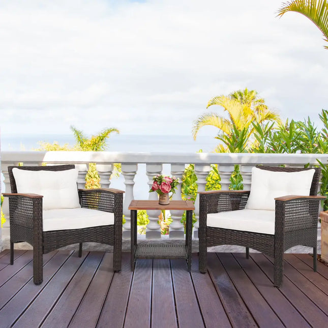 3 Pieces Patio Rattan Furniture Set with Acacia Wood Tabletop - Off White - Patio Furniture Sets