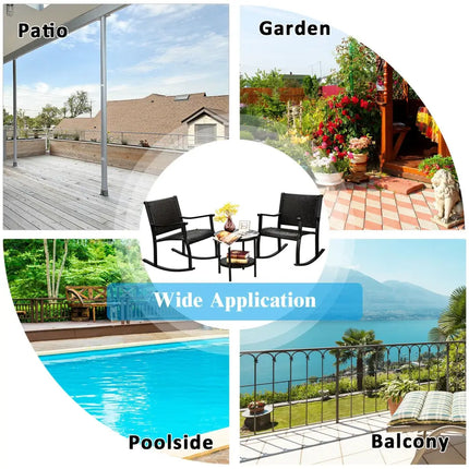 3 Pieces Patio Rattan Furniture Set with Coffee Table and Rocking Chairs - Black - Patio Conversation Sets