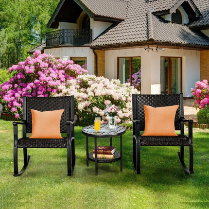 3 Pieces Patio Rattan Furniture Set with Coffee Table and Rocking Chairs - Black - Patio Conversation Sets