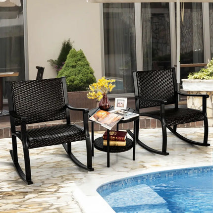 3 Pieces Patio Rattan Furniture Set with Coffee Table and Rocking Chairs - Black - Patio Conversation Sets