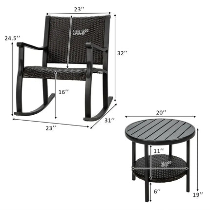 3 Pieces Patio Rattan Furniture Set with Coffee Table and Rocking Chairs - Black - Patio Conversation Sets