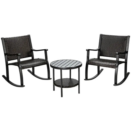3 Pieces Patio Rattan Furniture Set with Coffee Table and Rocking Chairs - Black - Patio Conversation Sets