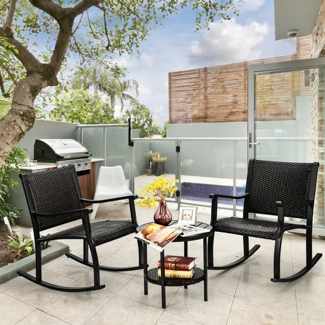 3 Pieces Patio Rattan Furniture Set with Coffee Table and Rocking Chairs - Black - Patio Conversation Sets