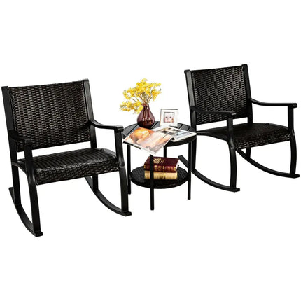 3 Pieces Patio Rattan Furniture Set with Coffee Table and Rocking Chairs - Black - Patio Conversation Sets