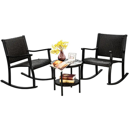 3 Pieces Patio Rattan Furniture Set with Coffee Table and Rocking Chairs - Black - Patio Conversation Sets