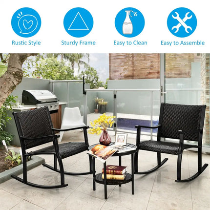 3 Pieces Patio Rattan Furniture Set with Coffee Table and Rocking Chairs - Black - Patio Conversation Sets