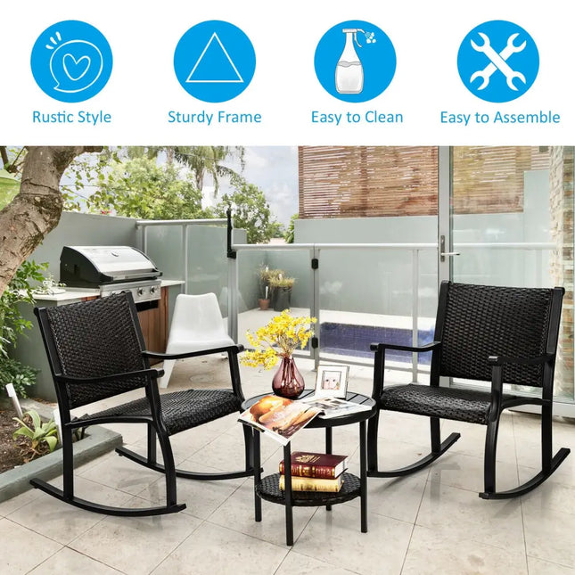 3 Pieces Patio Rattan Furniture Set with Coffee Table and Rocking Chairs - Black - Patio Conversation Sets