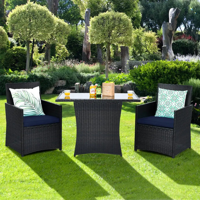 3 Pieces Patio Rattan Furniture Set with Cushion and Sofa Armrest-Navy - Navy - Patio Conversation Sets