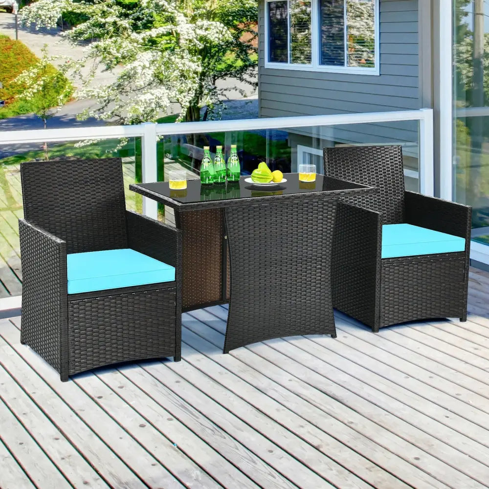 3 Pieces Patio Rattan Furniture Set with Cushion and Sofa Armrest-Turquoise - Turquoise - Patio Conversation Sets